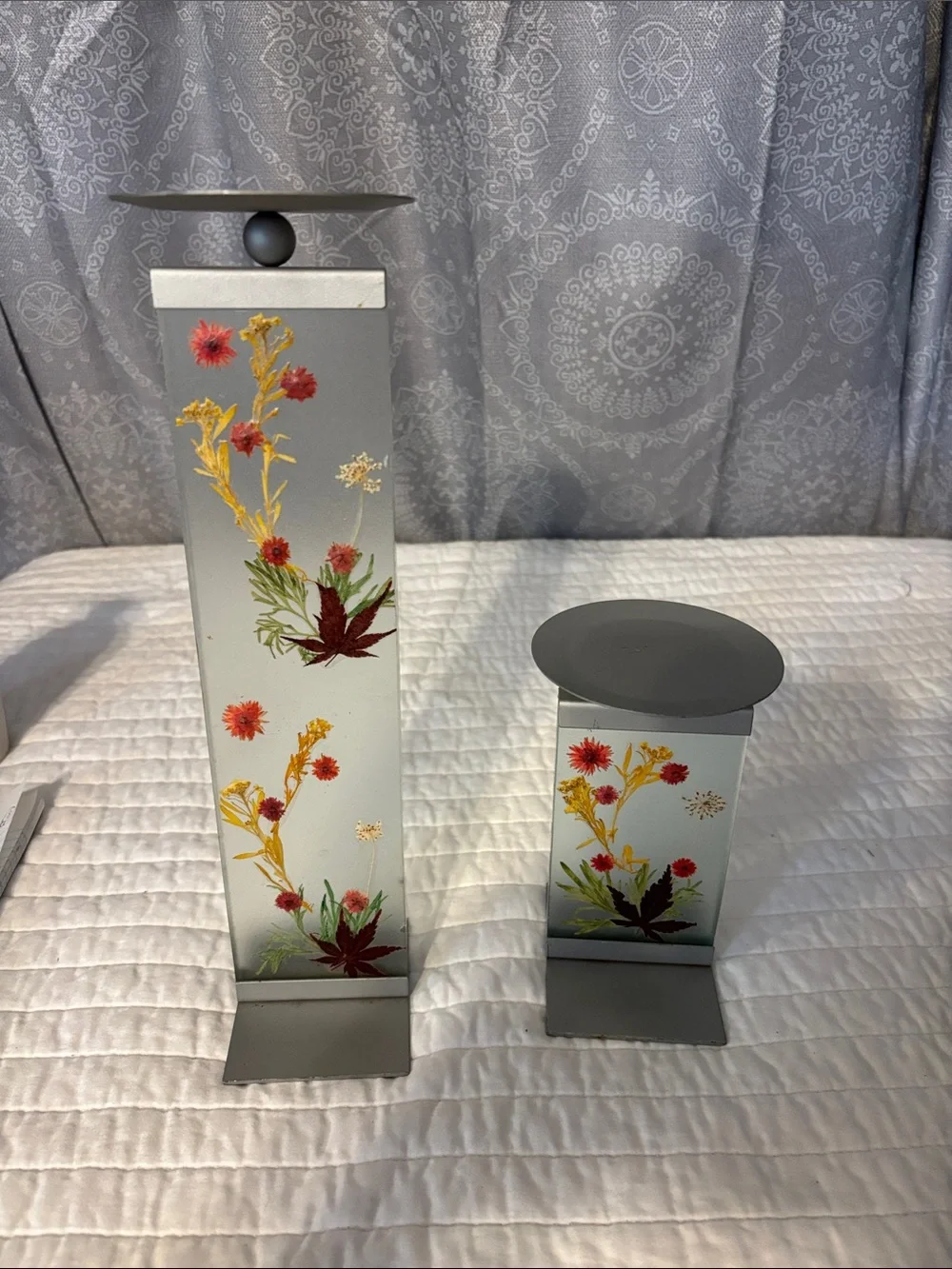 Frosted Floral Lantern Pair in Gray with Red & Yellow Accents